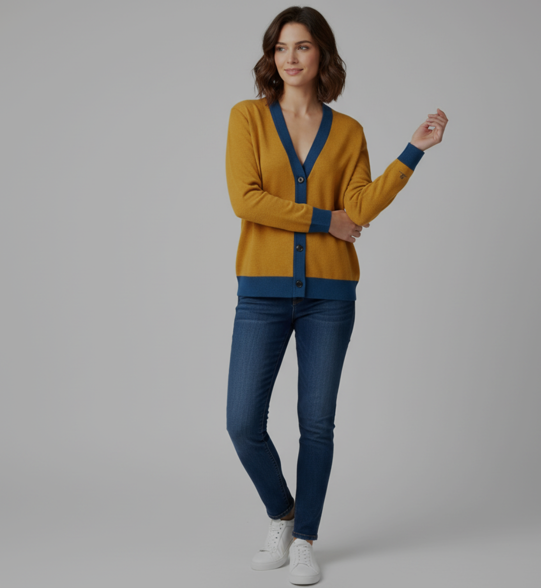Brianna Lee Heritage Knit Cardigan– Mustard & Yale Blue Jacquard