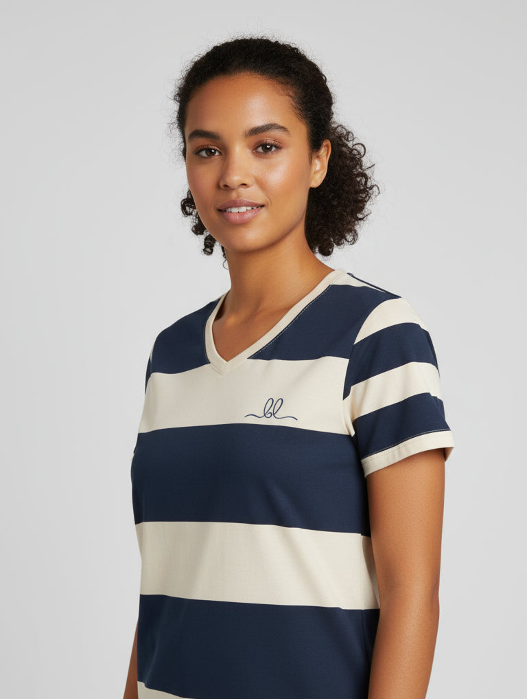 Nautical Stripe Cotton Tee – Navy & Sandstone